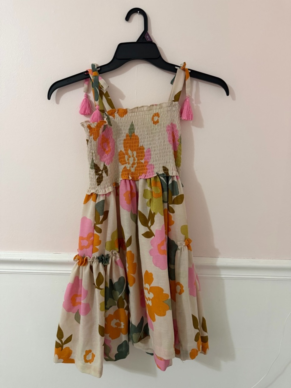 Bonnie Jean Beige Floral Smocked Tie-Shoulder Dress with Pink & Orange Flowers - Picture 1 of 2